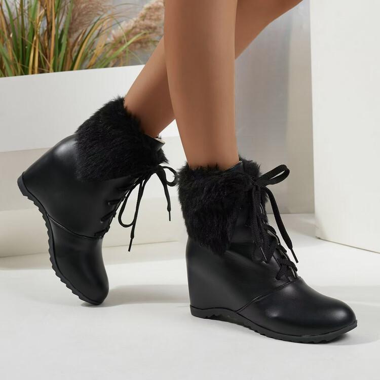 Women's Thermal Boots Inner Heightening Lace-up Plush-lined Short Boots Sweet Pink Winter Low-heeled Fur Shoes