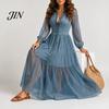 Comfortable Women Dress Faux Denim Maxi Dress, Mesh Patchwork Long Sleeve Button Down Shirt Casual Loose Vintage Summer Versatile