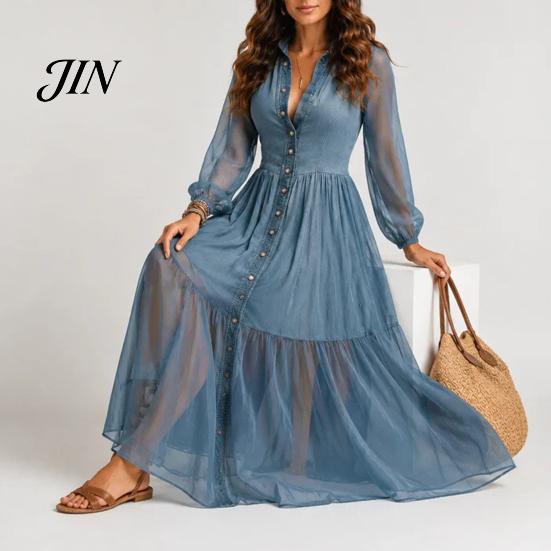 Comfortable Women Dress Faux Denim Maxi Dress, Mesh Patchwork Long Sleeve Button Down Shirt Casual Loose Vintage Summer Versatile
