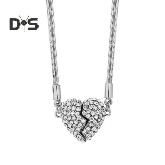 Women Necklace Magnetic Matching Broken Heart Pendant Rhinestone Adjustable Length Hematite Therapy Natural Neck Pain Relief Migraine Healing Choker
