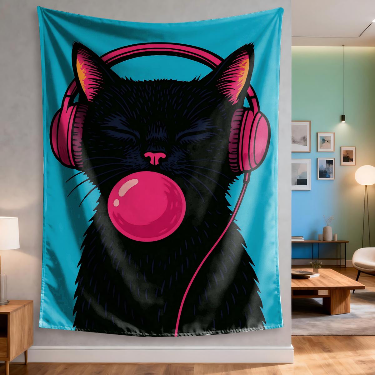 

Black Cat with Headphones Tapestry Bubblegum Pop Art Pop Culture Wall Hanging Polyester Fabric for Bedroom or Dorm Decor 74x94cm(29x37in)
