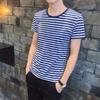 Blue and White Striped Oversized Stripe T-Shirt Crew Neck Man's Short Sleeved Top   Outdoor