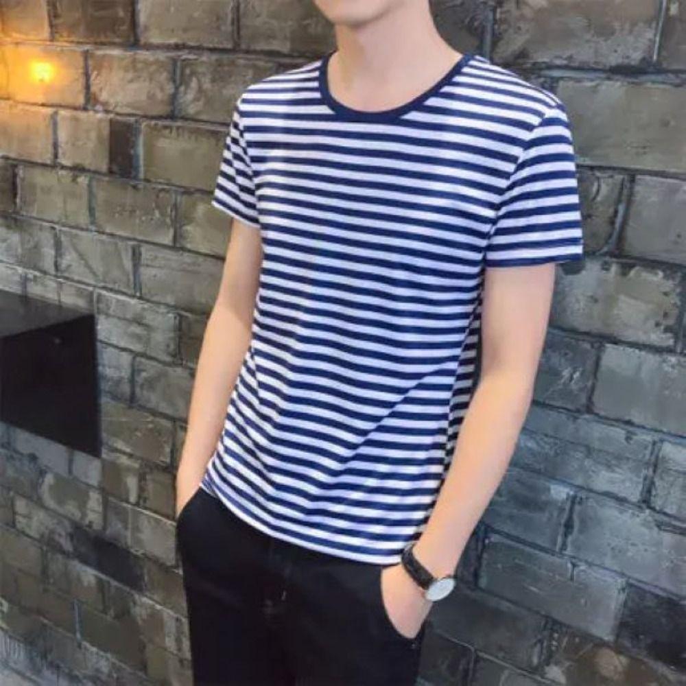 Blue and White Striped Oversized Stripe T-Shirt Crew Neck Man's Short Sleeved Top   Outdoor