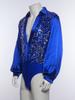 S-XXL Bodysuit de Dança Latina Ballet Masculino Bodice Brilhante com Lantejoulas Decote V Cetim Mangas Longas Entrepernas com Botões Collant para Treinamento Palco