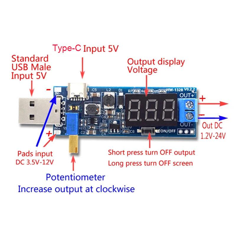 USB Type-C 5V To 1.2V-24V Boost/Buck Converter Module DC-DC Step Up/Down Adjustable Power Supply DIY Project