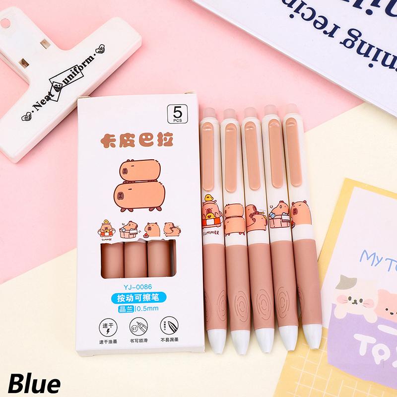 5Pcs Cute Capybara Gel Pens Kawaii Pen Set Quickly-Drying Blue Erasable Pens Office School Supplies Kawaii Aesthetic Stationery