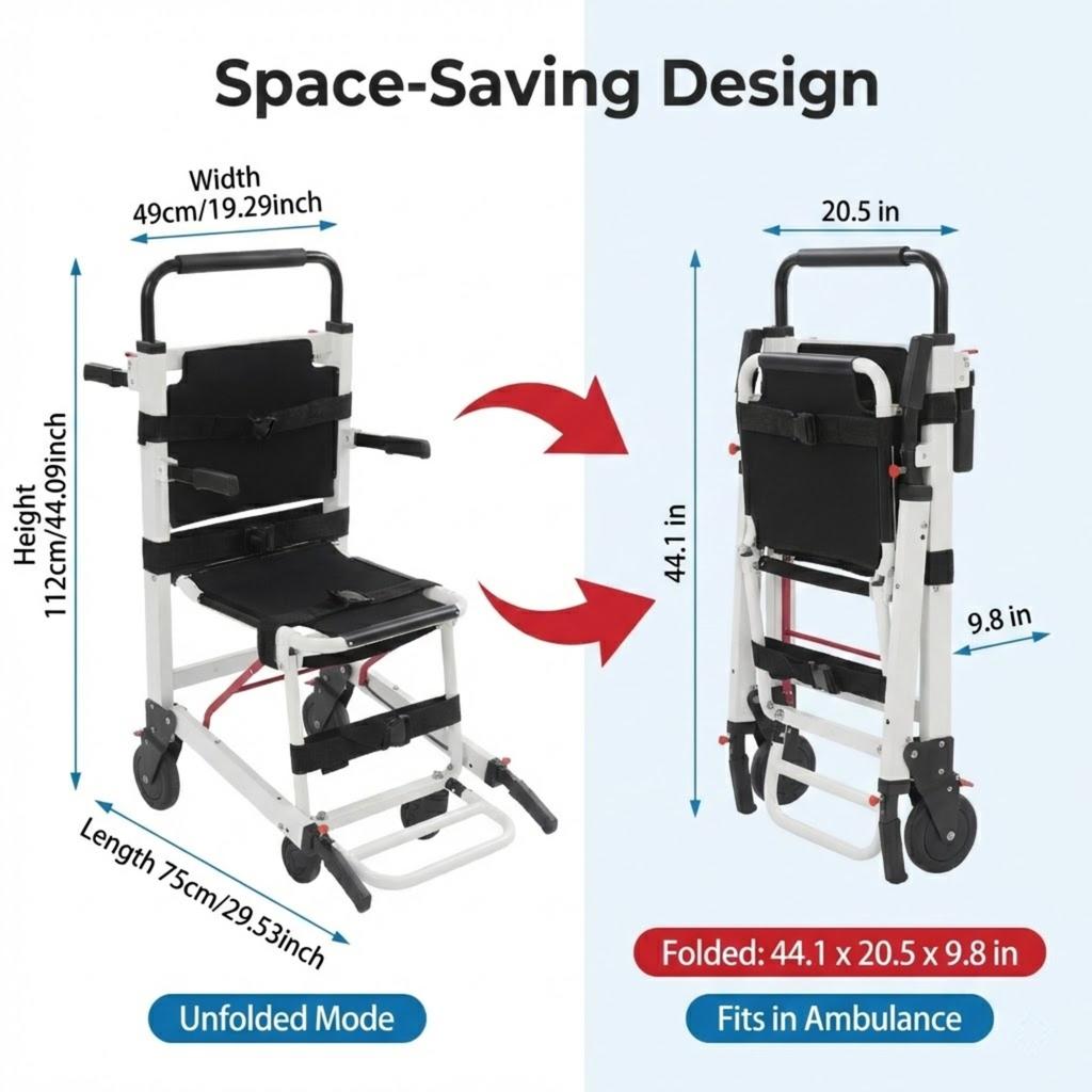 Aluminum Evacuation Chair Emergency Rescue Portable Stretcher Folding Design Retractable Handles 396 Lbs Load Capacity