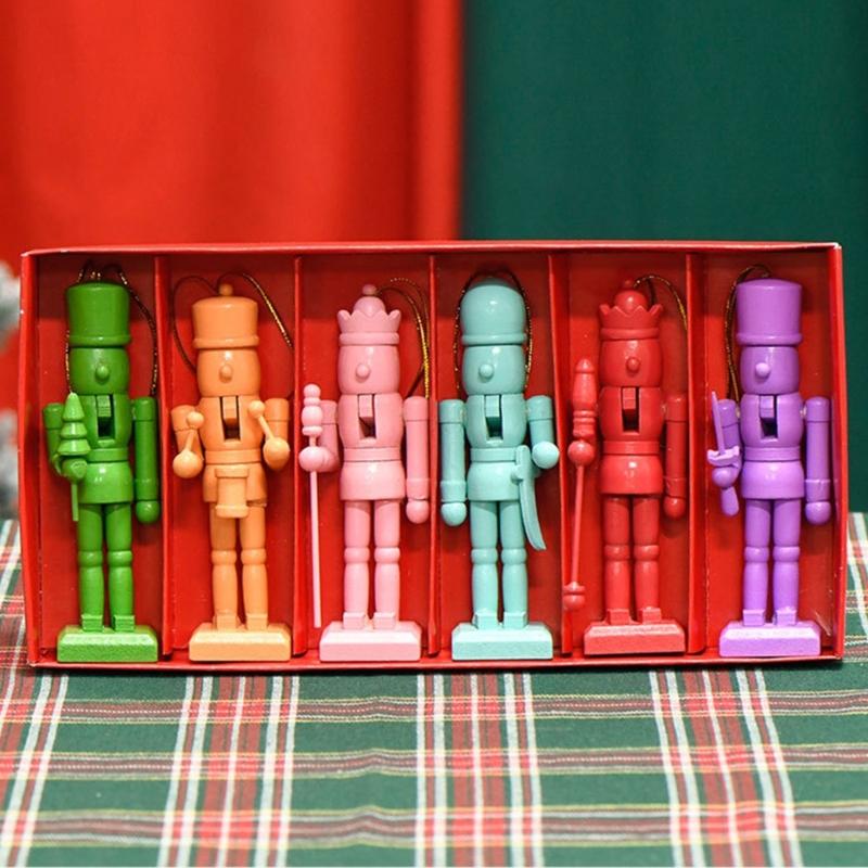 Set of 6 Traditional Colorful Wood Nutcrackers Soldiers Figurine Christmas Tree Hanging Pendants Decoration Festival
