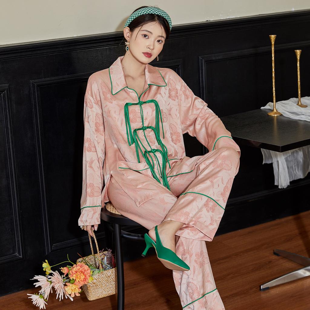Women's Silk Satin Pajamas Set Chinese Jacquard Tassel Buckle Sleepwear for Women Loungewear 2 Pcs Long Sleeve Pants Home Suit