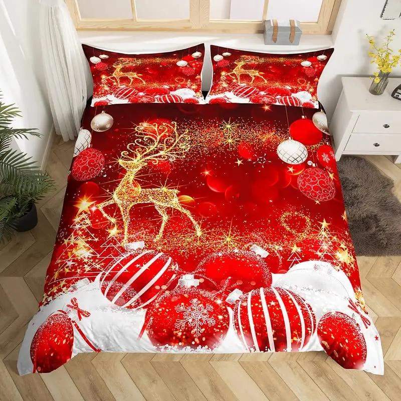 Christmas Tree Duvet Cover Set Blue Xmas Comforter Cover Girly Glitter Elk Bedding Sets Winter Snowflakes Duvet Cover Full Size