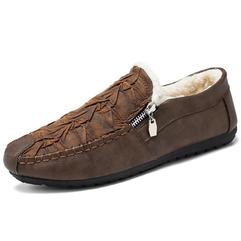 

Winter Fur Loafers Men Casual Shoes Leather Dress Shoes Slip-on Sneaker Flats Plush Man Moccasins Fleece Lined Driving Shoes 39
