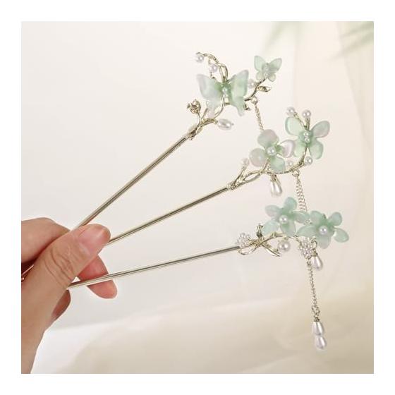 Kanzashi Haarstecker mit Schmetterling und Kirschblüte, Perle, Einzelzinken Haaraccessoire für Kimono, Yukata, Japanischer Stil, Haarschmuck,