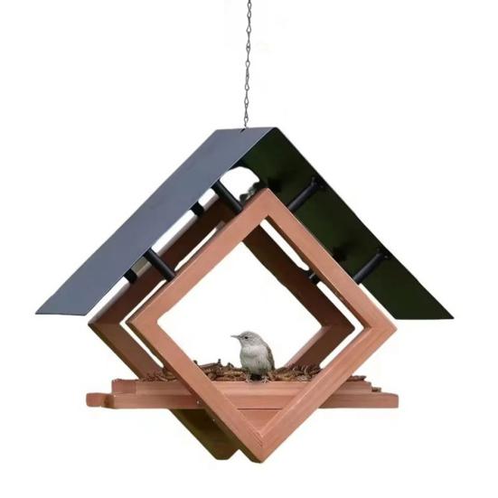 Hanging Birds Feeder Geometric Platform Feeder with Roof Outdoor Rainproof Feeder House Attracts Cardinals Goldfinches Tits for Balcony Yard