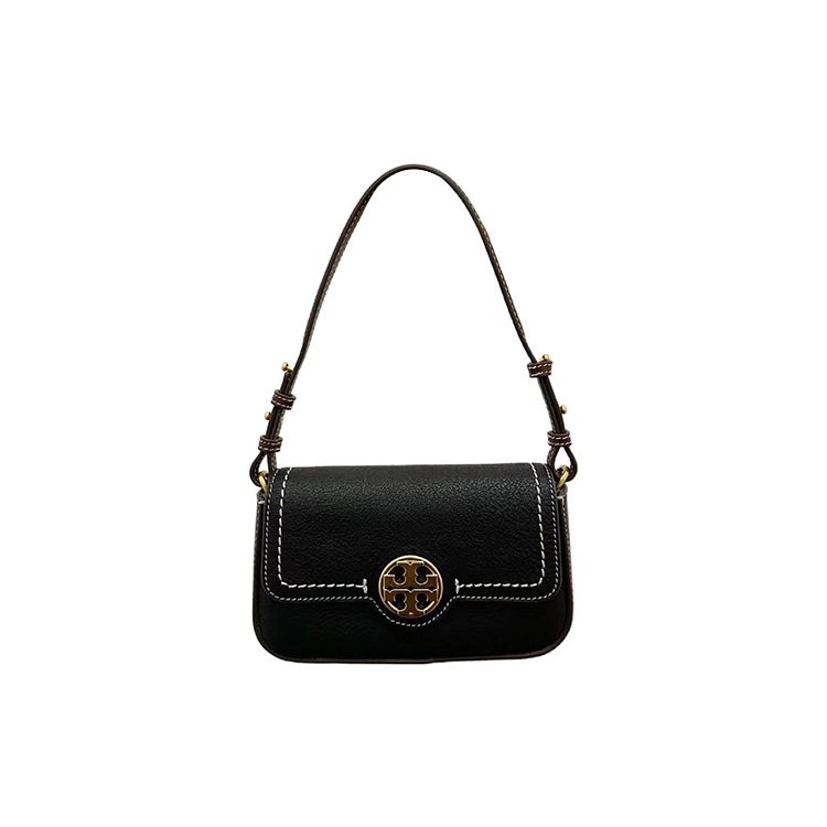 Tory Burch Miller Metallic Double T Logo Flap Stitched Pebble Leather Messenger Bag Tote Shoulder Bag Women Bags Black 144020-001