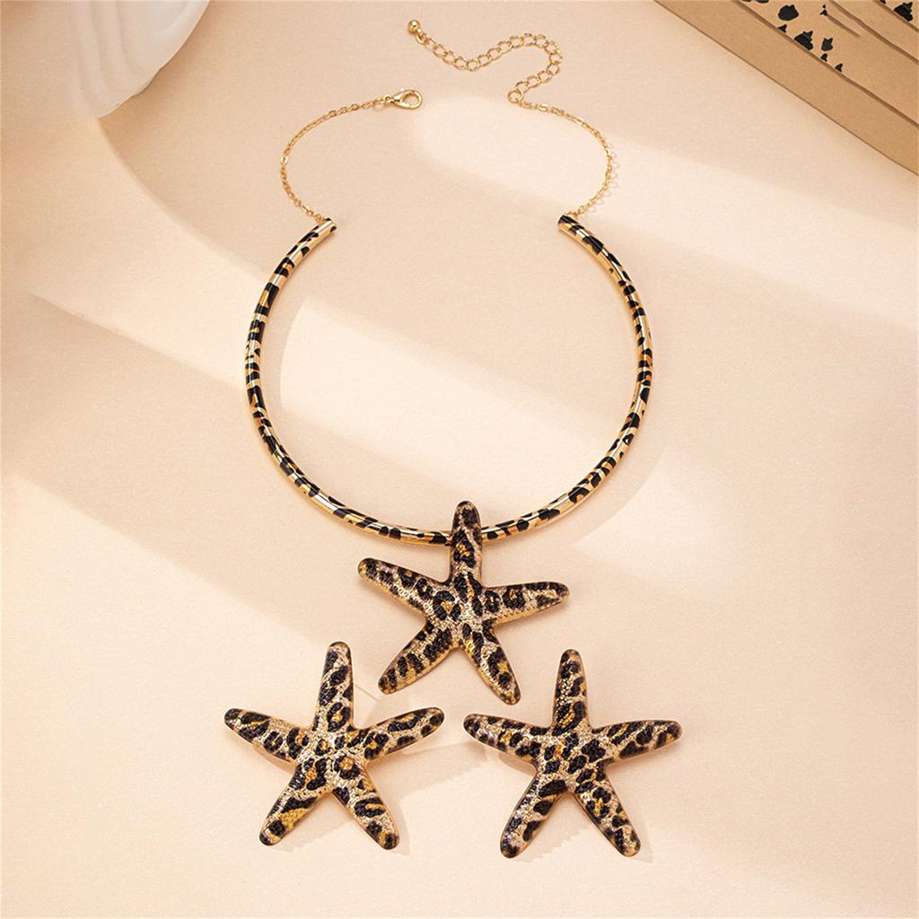 Stylish Leopard Pattern Starfish Necklace and Earring Trendy Women's Jewelry Set Elegant Accessories for Beach Vacations