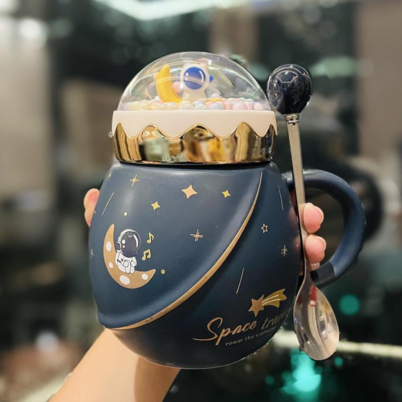 Astronaut Series Space Mug with Cover Spoon Ceramic Couple Water Cup Girl Gift Set Gift for Boyfriend