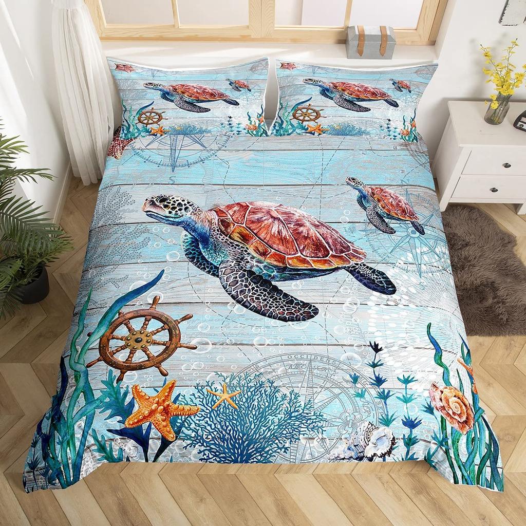 Sea Turtle Duvet Cover Set King Size Watercolor Tortoise Butterfly Comforter Cover for Boys Girly Dreaming Style Bedding Set