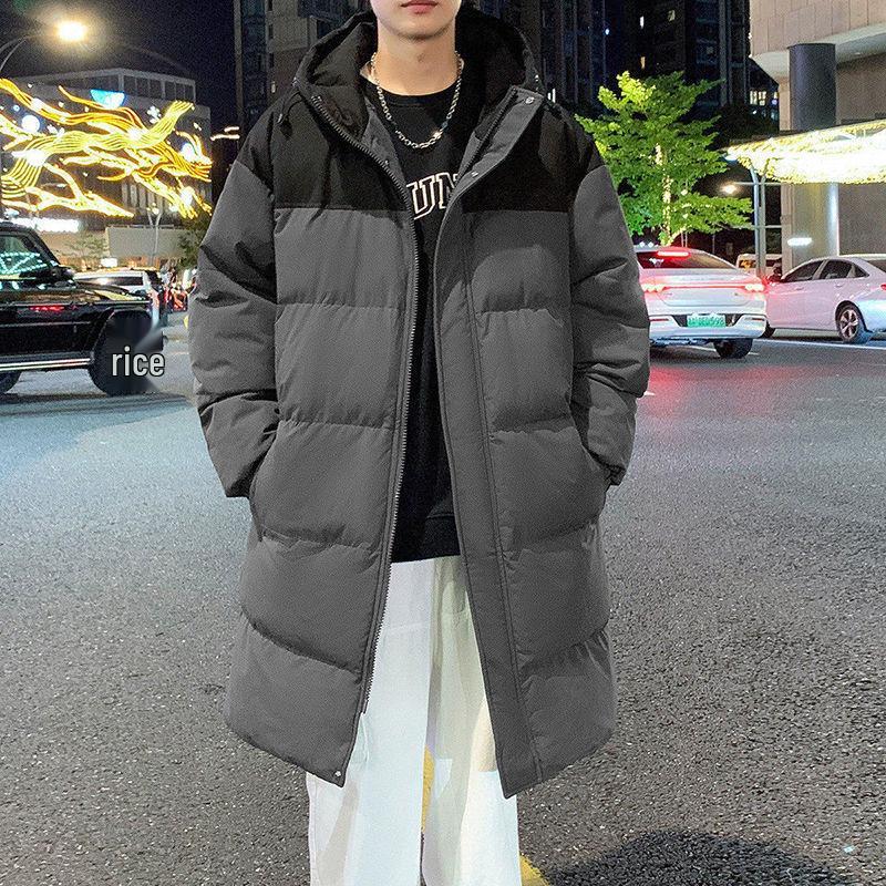 Men's Mid-Length Hooded Cotton-Padded Jacket, Thick Over-the-Knee Winter Coat, Youth Trendy Brand, 2024 New Style.