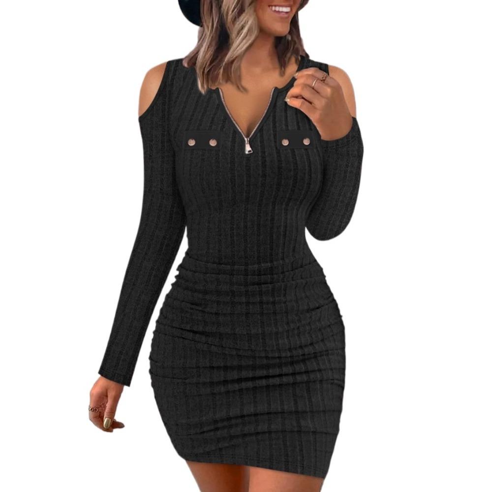 BITCED Women's Autumn and Winter Solid Colour Zipper V-Neck Tight Package Hip Slim Sexy Long Sleeve Dresses