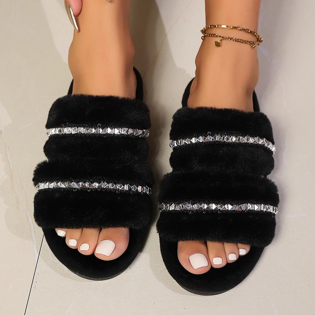 Mode Sommer Zuhause Fellige Fell-Pantoletten Plüsch-Hausschuhe Flauschige Flip-Flops Luxus Slip-on Flach Damen Neu Zapato De Mujer Designergröße 36-43