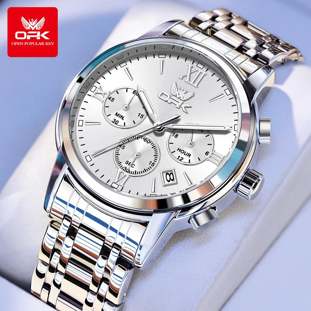 OPK 6047 Men's Watches Classic Chronograph Quartz Wrist Watches for Man Steel Strap Waterproof Luminous Auto Date Hand Clocks
