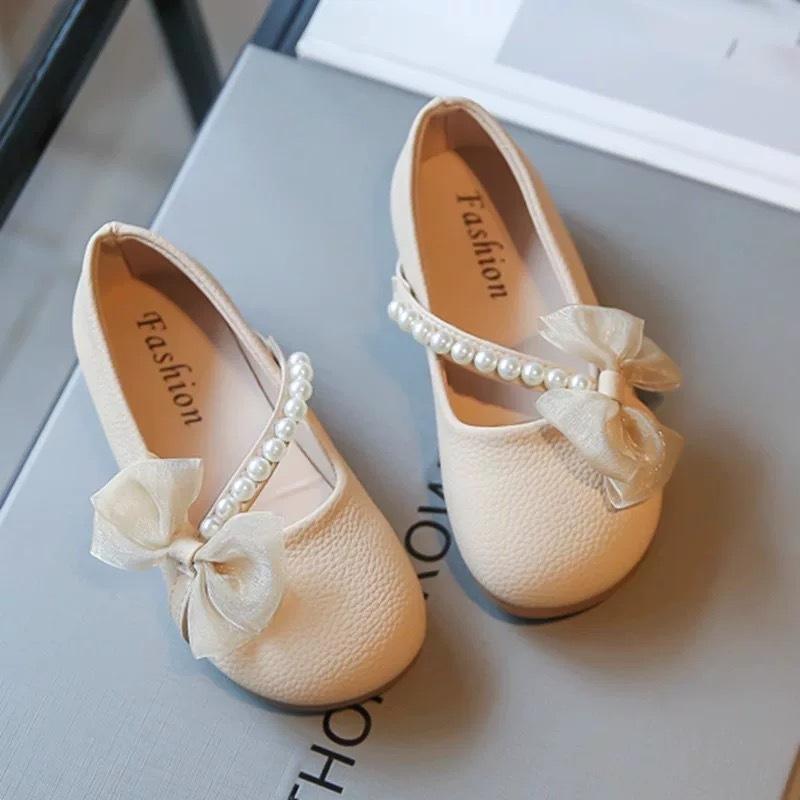 Girls' Leather Shoes Spring and Autumn Children's Soft-soled White Shoes Foreign Style Doudou Single Shoes Little Girl Pearl Female Treasure Prin