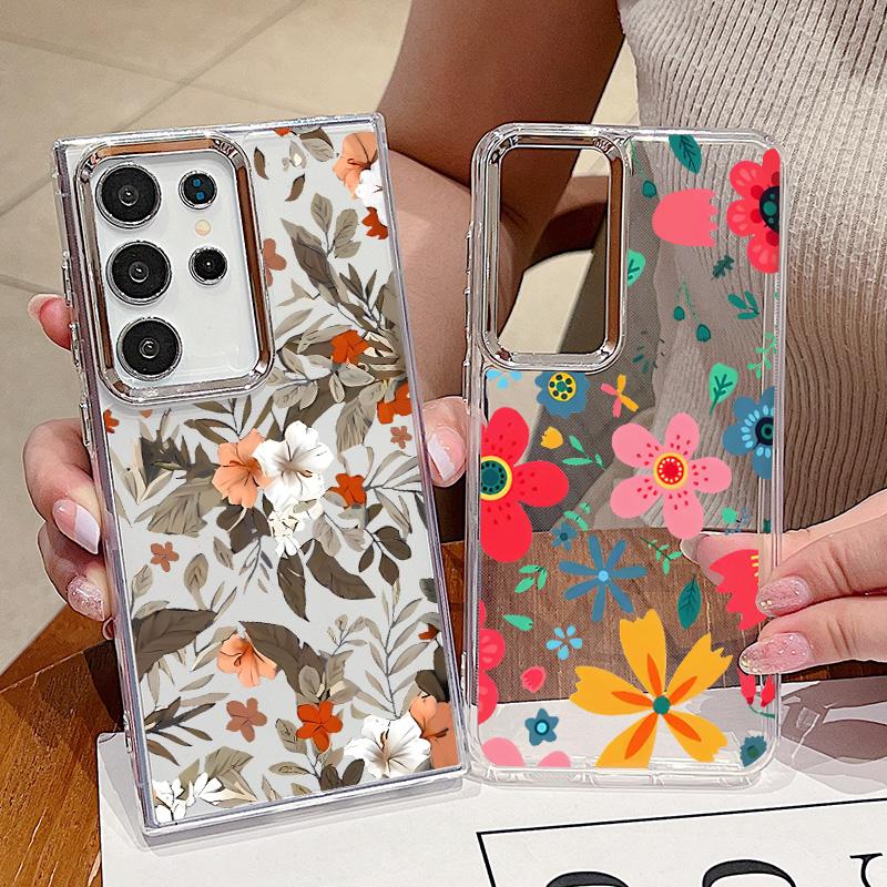 Plating Lens Petal Leaves Flower Case For Samsung Galaxy S24 S23 S22 Ultra S21 S20 FE A34 A52 A53 A14 A15 A25 A35 A55 A54 5G