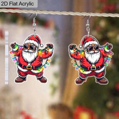 2D Flat Christmas Festival Colorful String of Lights Santa Painting Earring Claus for Christmas Jewelry for Women Female