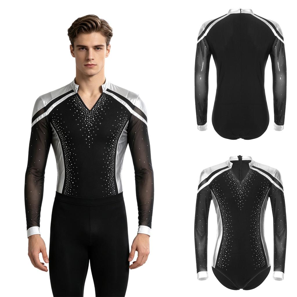 Sparkly Metallic Patchwork V Neck Bodysuit for Men Mesh Long Sleeve Rhinestone Leotard for Latin Ballet Figure Skating Gymnastics Training