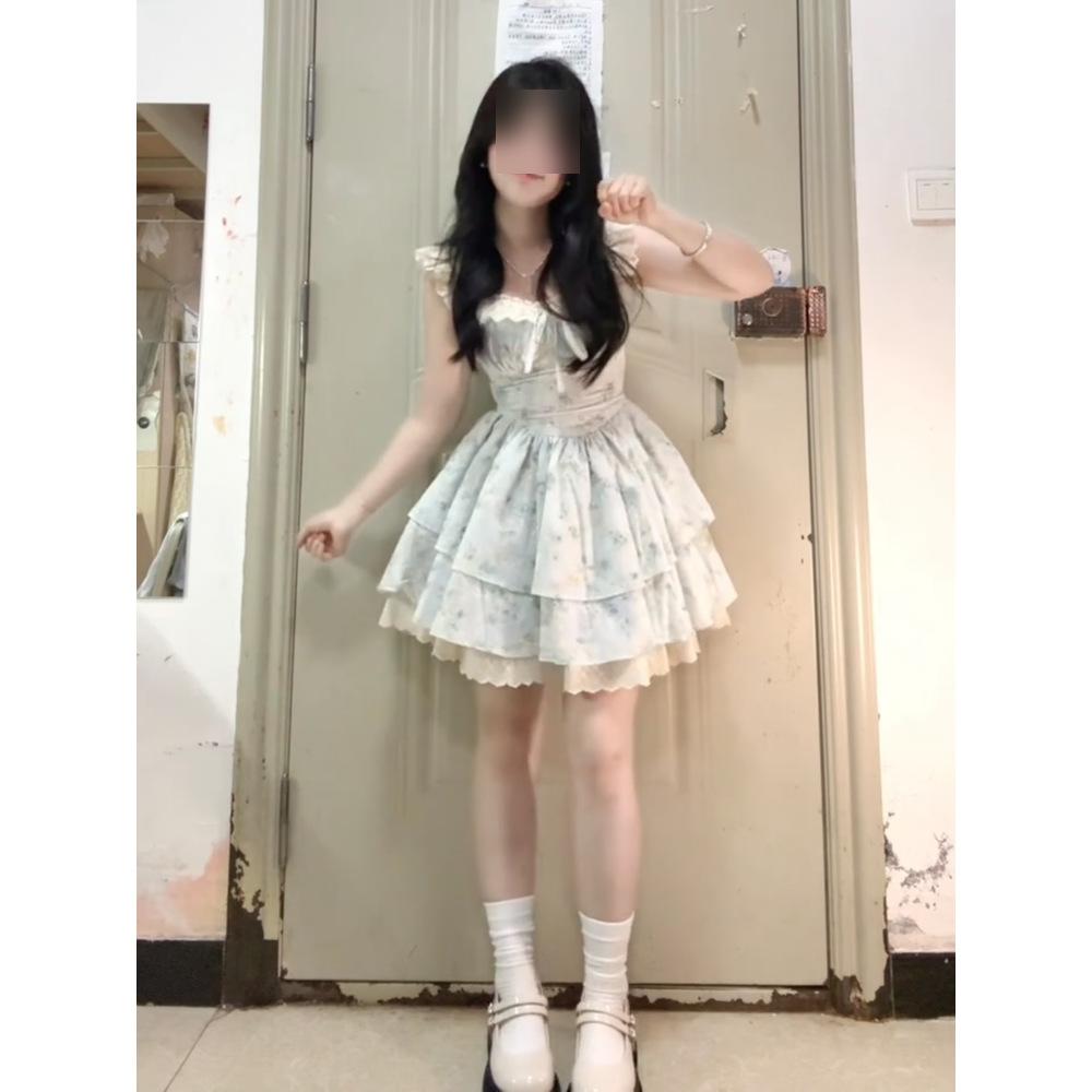 French sweet small flying sleeve floral dress women's summer high sense small lace princess tutu