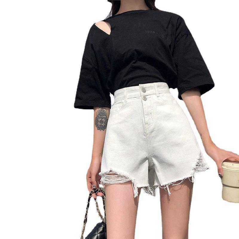 Pants Classic and Minimalist Fashion Versatile Broken Holes Thin Female High-waisted A Word Thin Loose Wide-legged Son Denim Shorts Individuality
