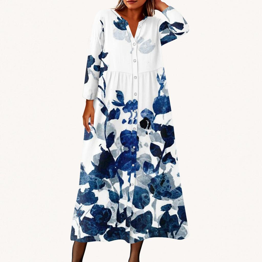 Women's Fashionable Printed Round Neck Seven Quarter Sleeve Button Loose Shirt Dress