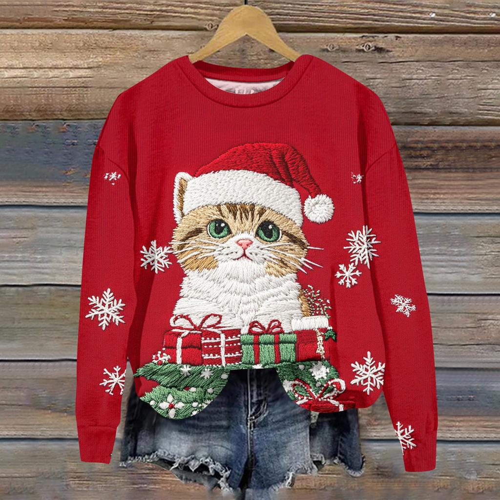 Ladies' Christmas Printed Casual Long Sleeved Round Neck Sports Hoodie Top