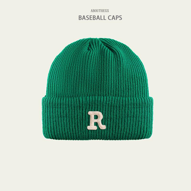 Hats for Women's Autumn and Winter New Warm Knitted Hat Korean Version Versatile R Letter Wool Hat Couple Head Hat Men's Trend