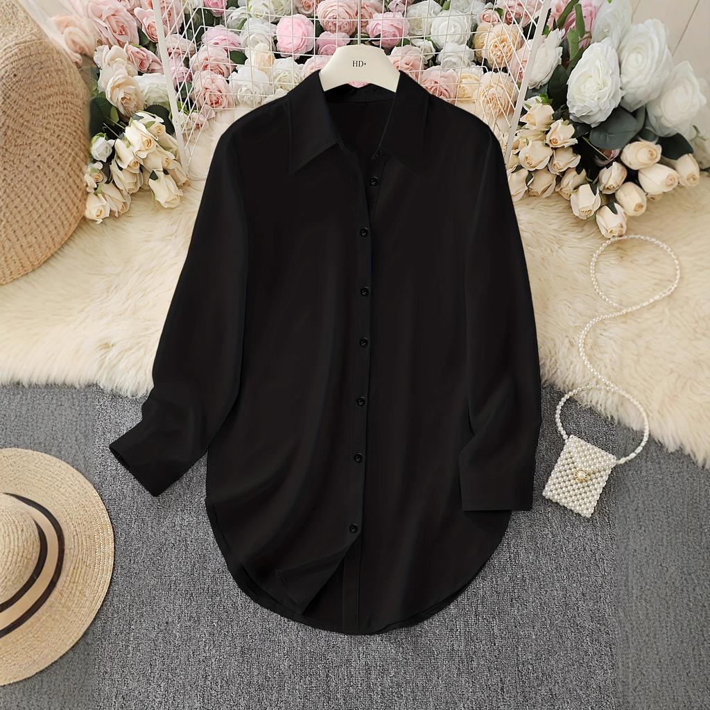 women's Plus Size Solid Color Point Collar Long Sleeve Curved Hem Loose Casual Shirt Blouse