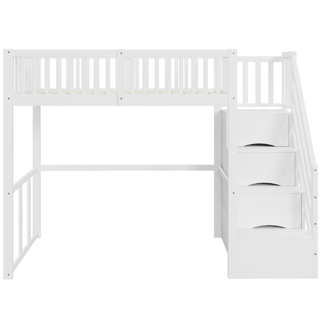 Letto a soppalco 90x200 con scala di sicurezza e contenitore, struttura del letto in legno massello di pino per bambini e adolescenti, bianco