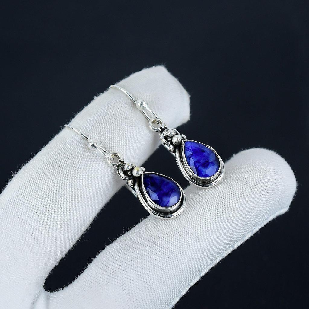 Wunderschöne Blaue Saphir Edelstein Ohrringe, 925 Sterling Silber Ohrringe, Handgemachte Boho Silber Schmuck Ohrhänger, Geburtstagsgeschenk