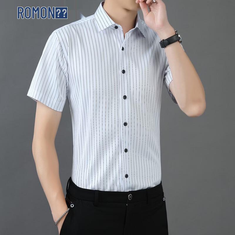 ROMON Men's Elastic Ice Silk Luxury Stripe Business Casual Short Sleeve Shirt