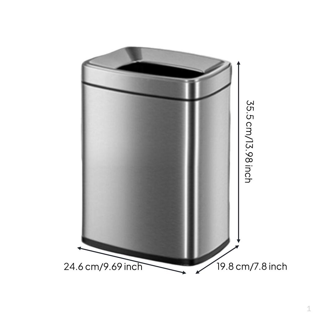 Stainless Steel Trash Can, Large Square Open Top, Modern Bathroom Kitchen Brushed Silver 6L