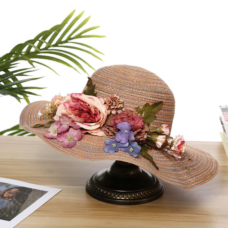 Summer new sunscreen sunshade flower straw hat women's beach travel hand-woven hat foldable big eaves hat