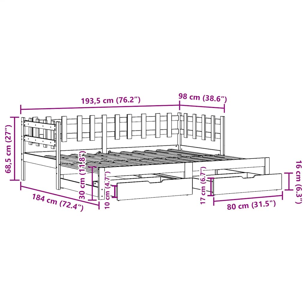 Pull Out Daybed with Drawers Without Mattress White 90x190 Cm