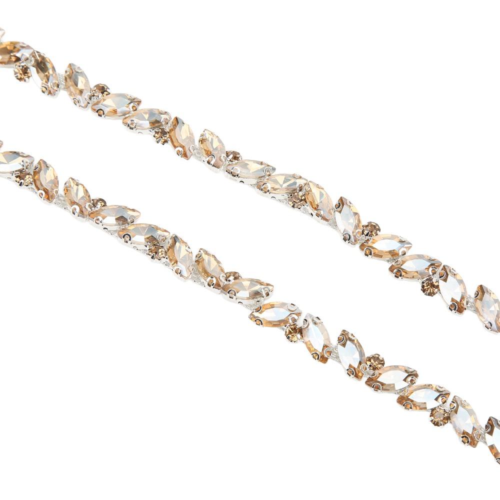 1pcs 10MM Bling Rhinestone Trim Champagne Gold & Green Leaf Shape Crystal Chain Craft DIY