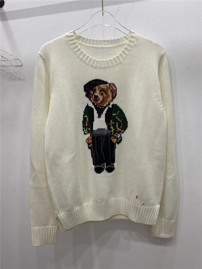 Damen Jacquard Wollmischpullover mit gesticktem Cartoon-Bär-Design