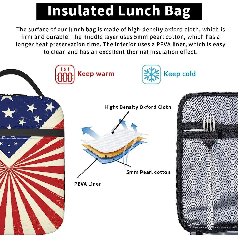 Vintage American Flag Lunch Box Reusable Insulated Lunch Bag Thermal Cooler Tote for Boys Girls School Picnic Travel Hiking