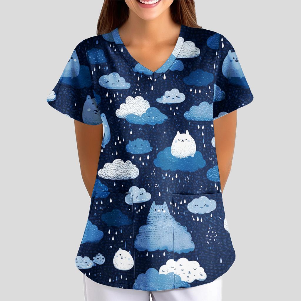 Women's Floral Print Loose V-neck Short-sleeved Uniform/ Uniform