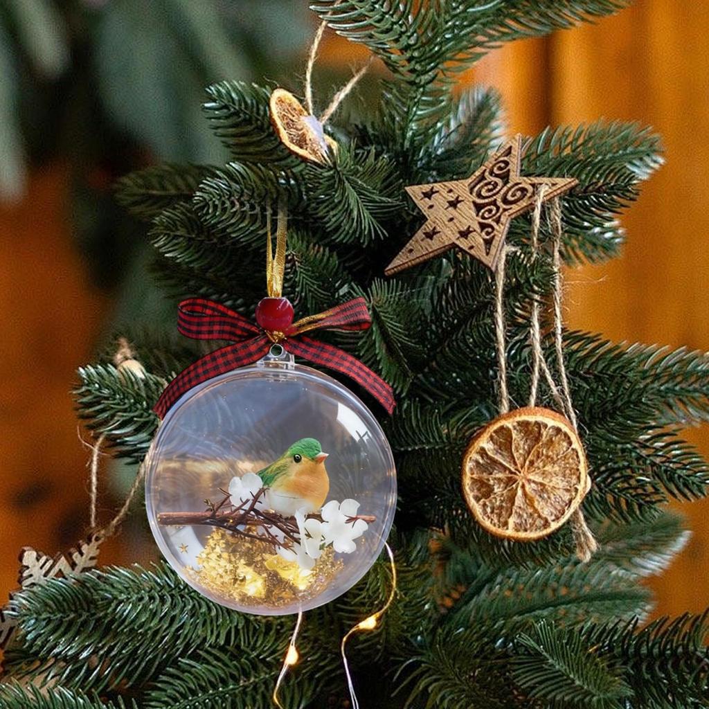 3d transparent bird Christmas ornament crystal ball with realistic hummingbird, red coat sparrow, round Christmas tree pendant