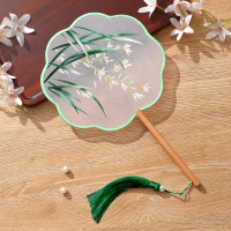 Ancient Handheld Flora Embroidered Fan with Pendant Floral Shaped Chinese Style Fan Butterfly Tassels Group Fan Photography Prop