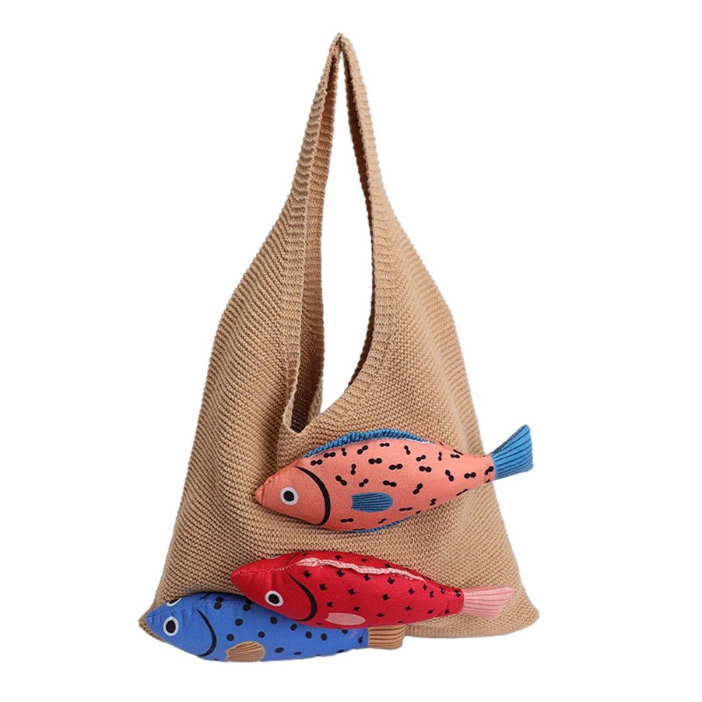 Summer Hollow Out Knitted Bag Crochet Fish Shoulder Bag Casual Weave Knitted Bag  Summer