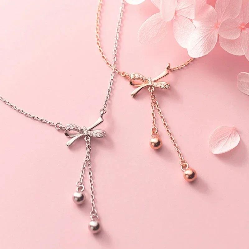 Women Summer Fashion Simple Bow Tassel Necklace Clavicle Chain Necklace Jewelry Accessories Valentines Day Birthday Gifts