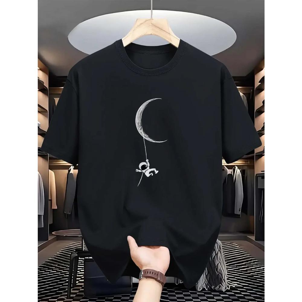 Astronaut & Moon Print Men'S T-shirt, Casual Short Sleeve Crew Neck Tee,   Composition, Regular Fit, Slight Stretch